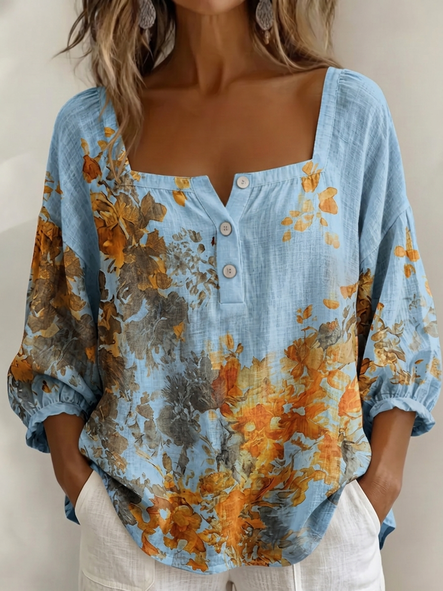 Retro Floral Print Square-neck Cotton-linen Blouse