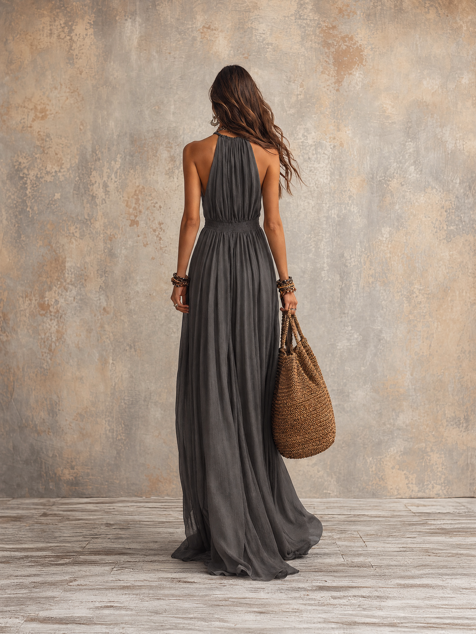 Refined Bohemian Draped Halter Maxi Dress