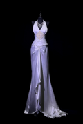 Elegant Halter Sheath Long Prom Dresses Satin Purple Party Dresses Sleeveless Evening Dresses with Open Back