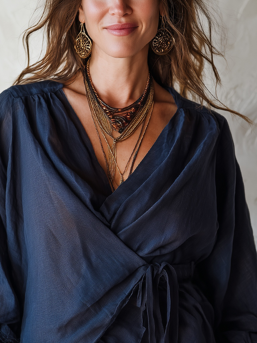 Bohemian Midnight Blue Cotton Linen Ruffle Shirt