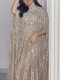 Paneled Shiny Long Sleeves V-neck Maxi Dresses
