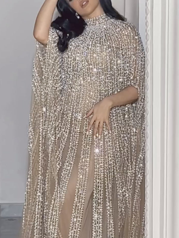 Paneled Shiny Long Sleeves V-neck Maxi Dresses