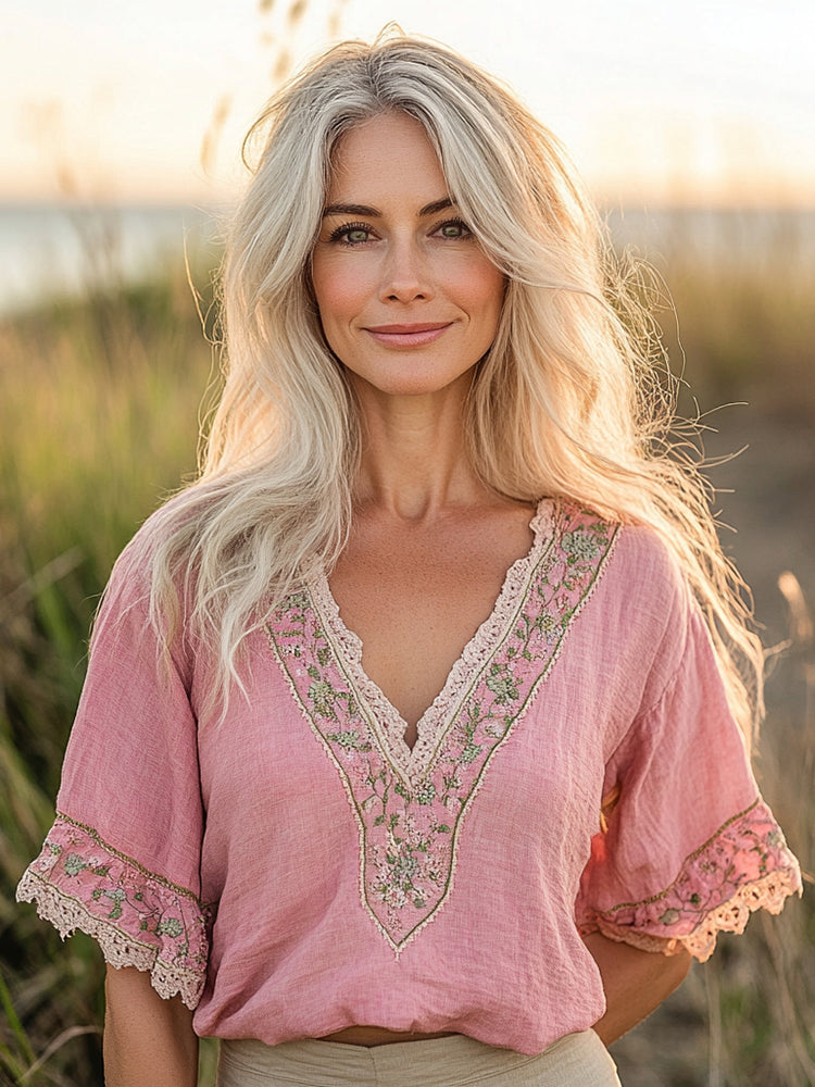 Women's Bohemian Retro Flowers Linen Blend  T-shirt