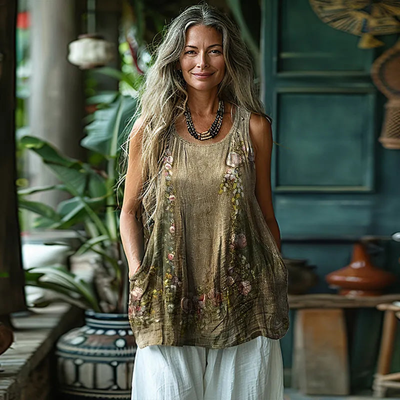 Vintage Tribal Floral Art Sleeveless Linen Blend Tank Top