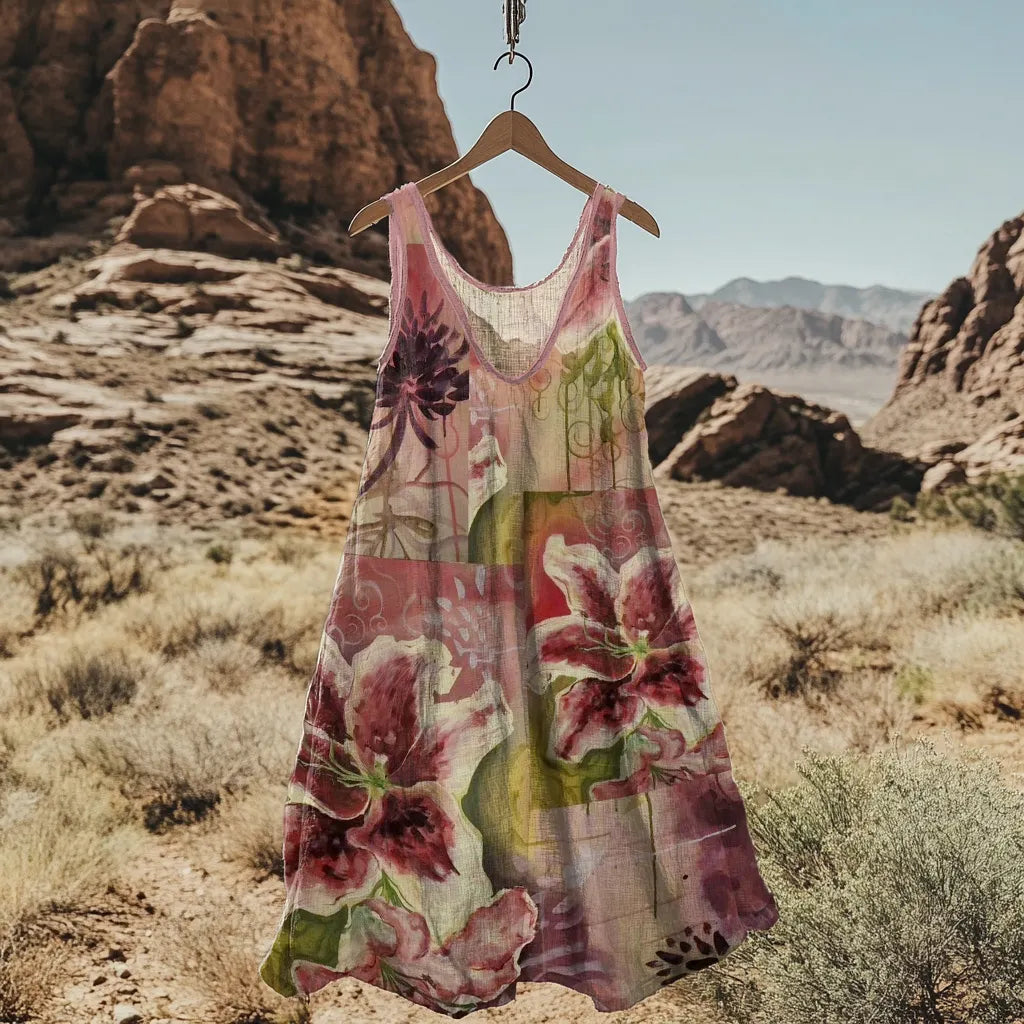 Abstract Creative Floral Art Linen Blend Tank Dress d383