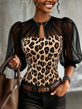 Leopard Print Sheer Mesh Puff Sleeve Keyhole Neck Top