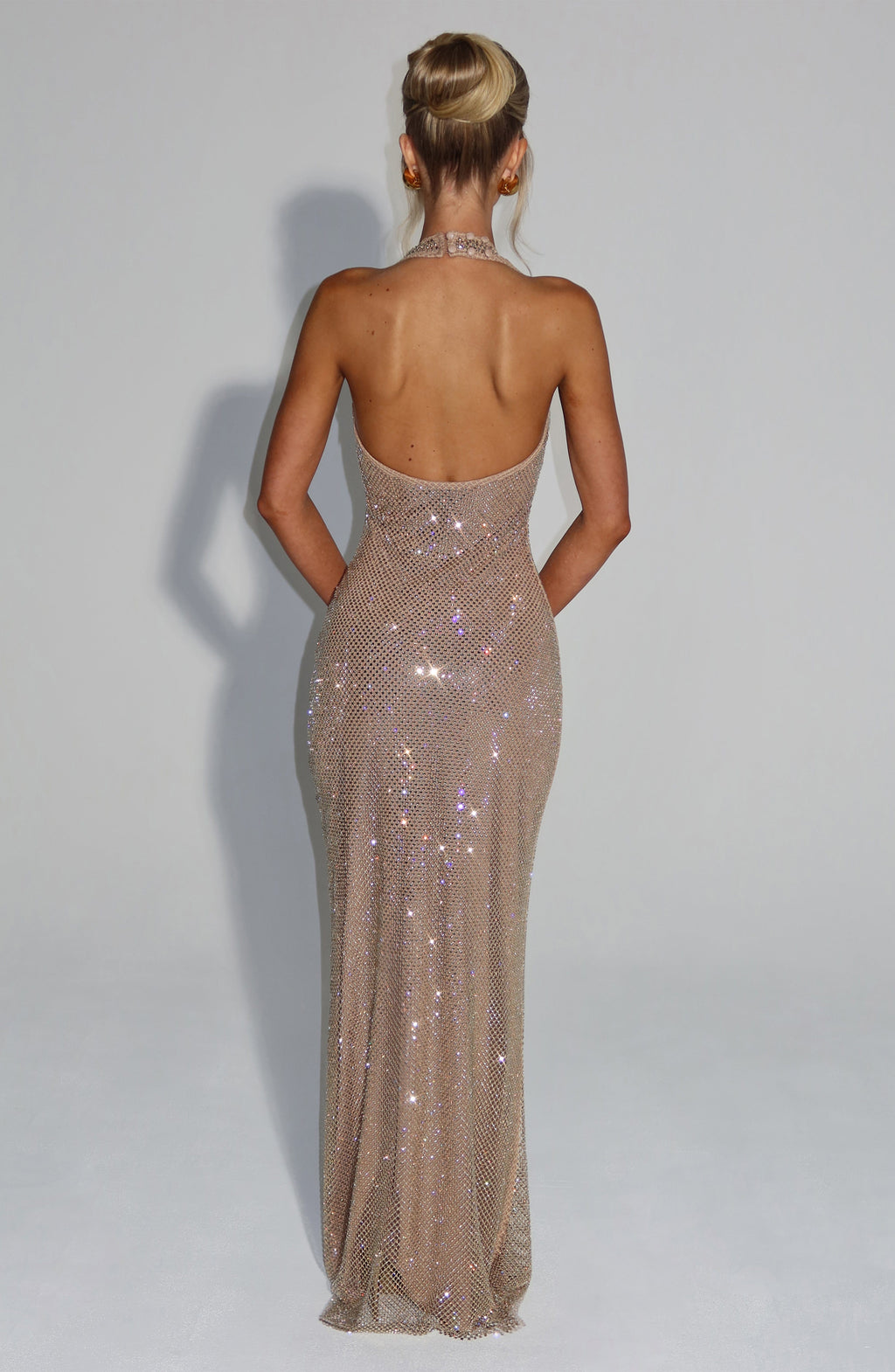 Champagne Rhinestone Halter Neck Backless Mermaid Maxi Dress