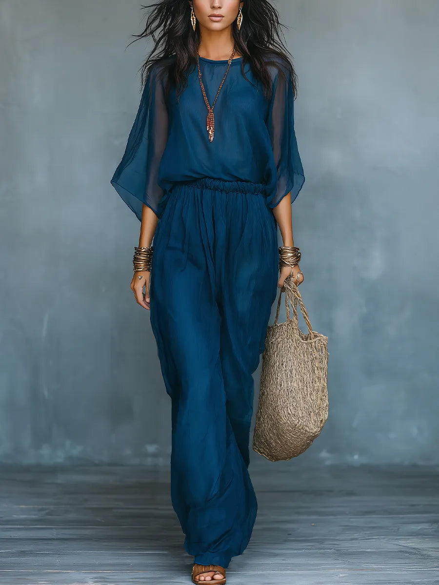 Minimalist Deep Blue Sheer Sleeve Wide-Leg Pant Set