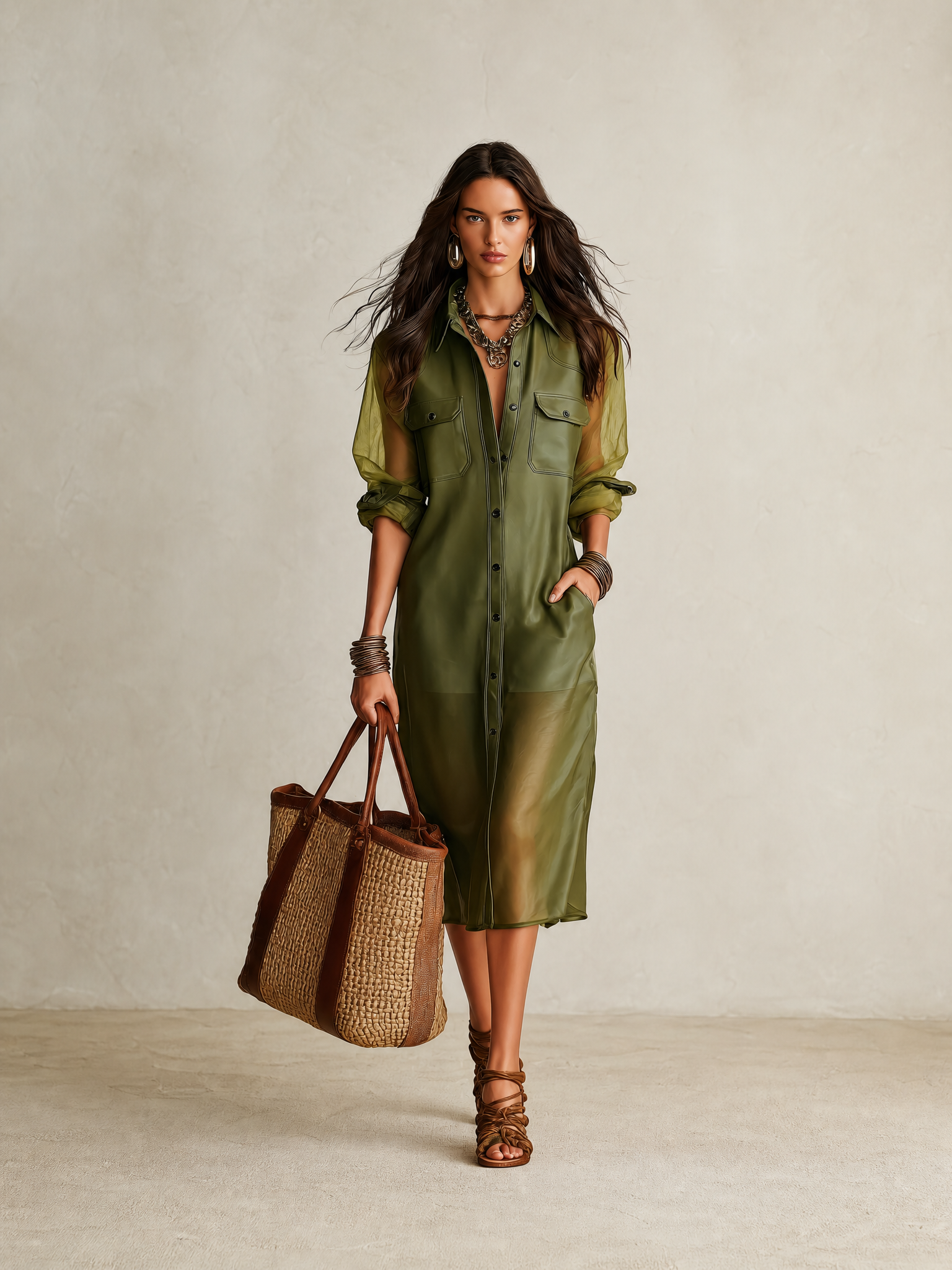 Sheer Olive Long-Sleeve Button-Front Shirt Midi Dress