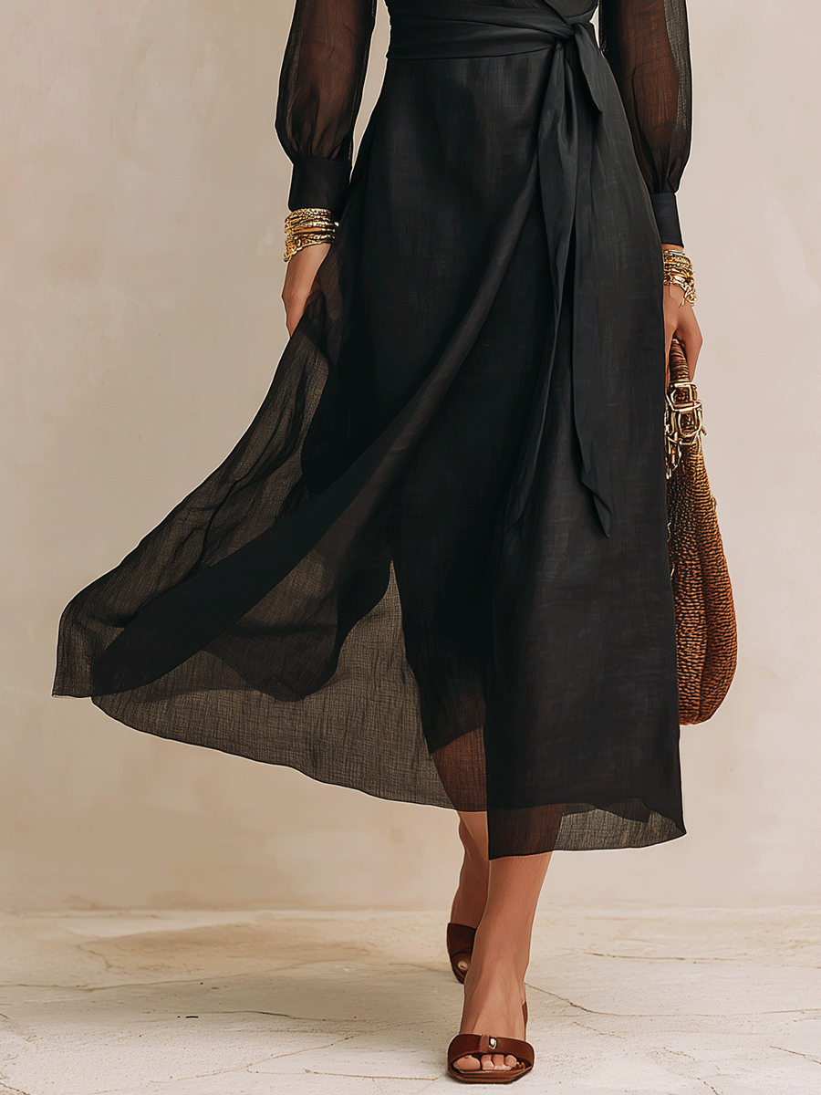 Elegant Resort Sheer Long-Sleeve Surplice Belted Black Maxi Dress