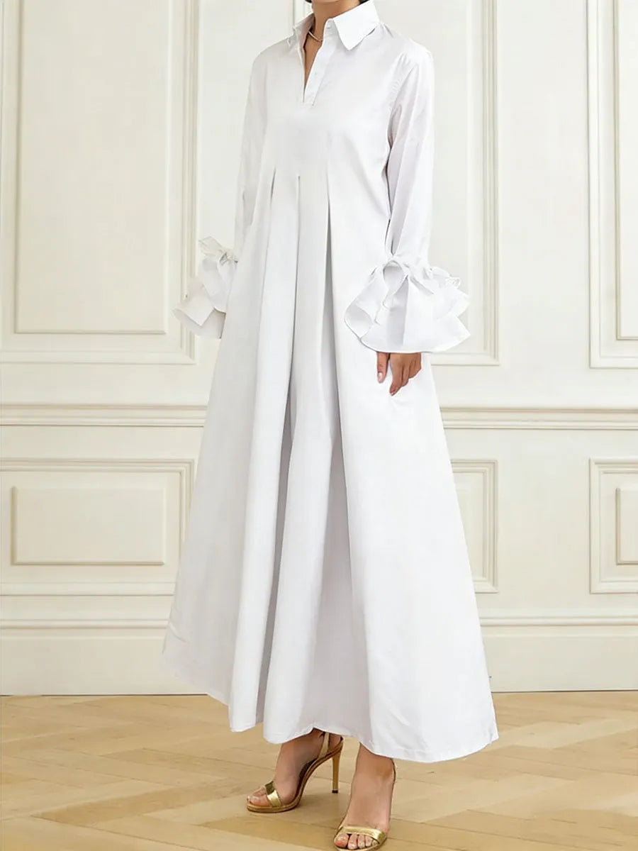 Flared Sleeves Pleated Solid Color Split-Joint Lapel Maxi Dresses Shirt Dress