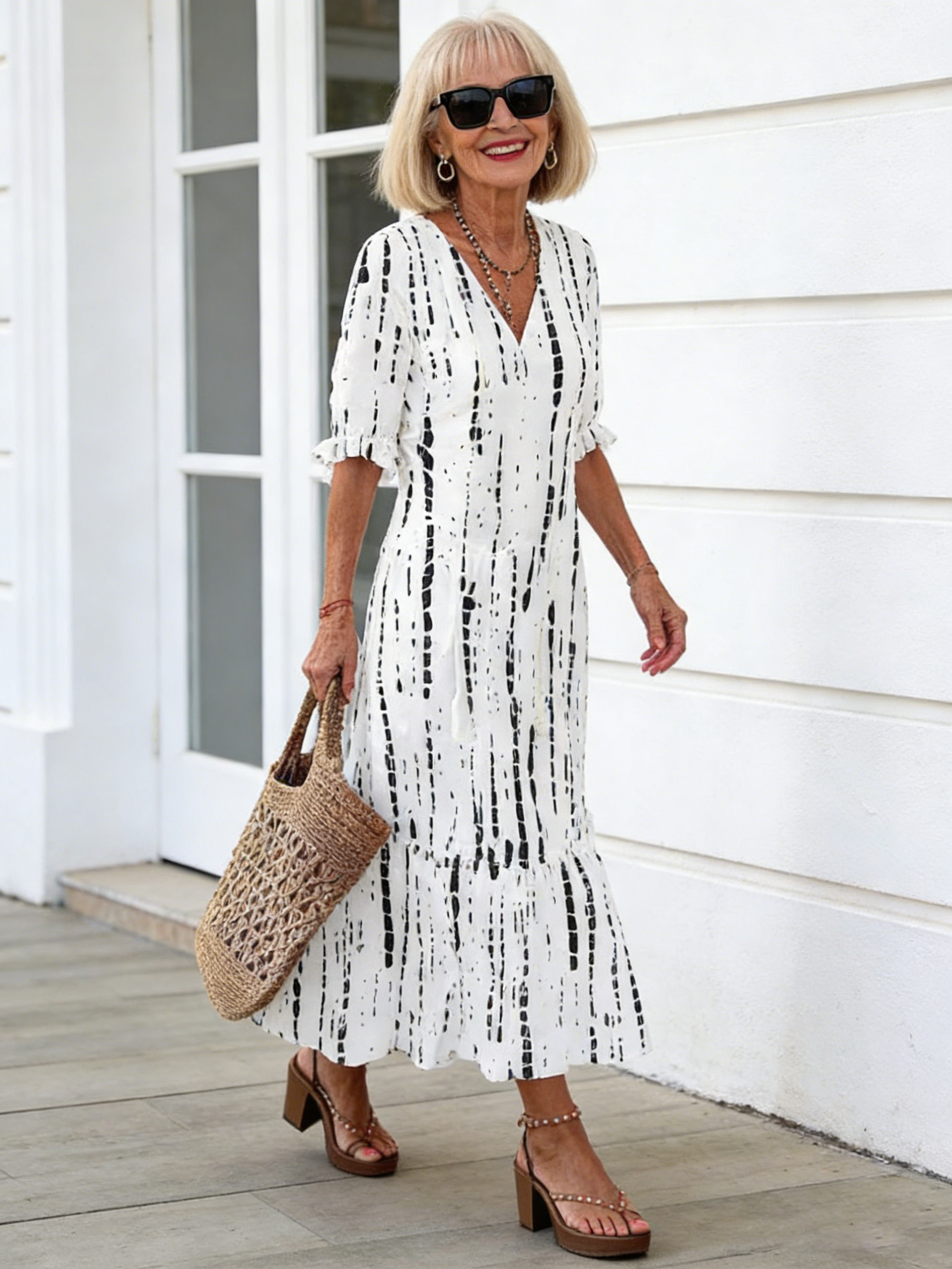 Half Sleeve Floral Print Summer Fall V Neck Casual Geometric Printed Dress