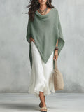 Coastal Boho Sage Knit Poncho & White Satin Midi Dress Set