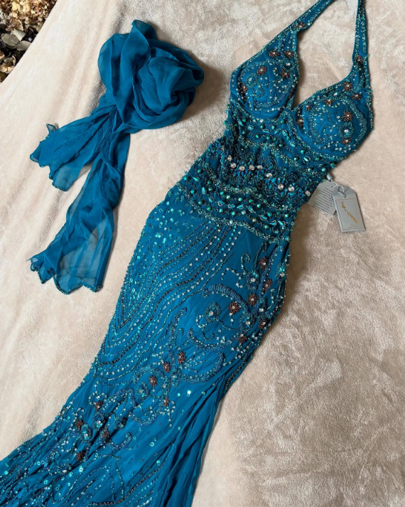 Blue delicate beaded chiffon long dress