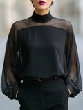 Sheer Yoke High-Neck Bishop Sleeve Blouse