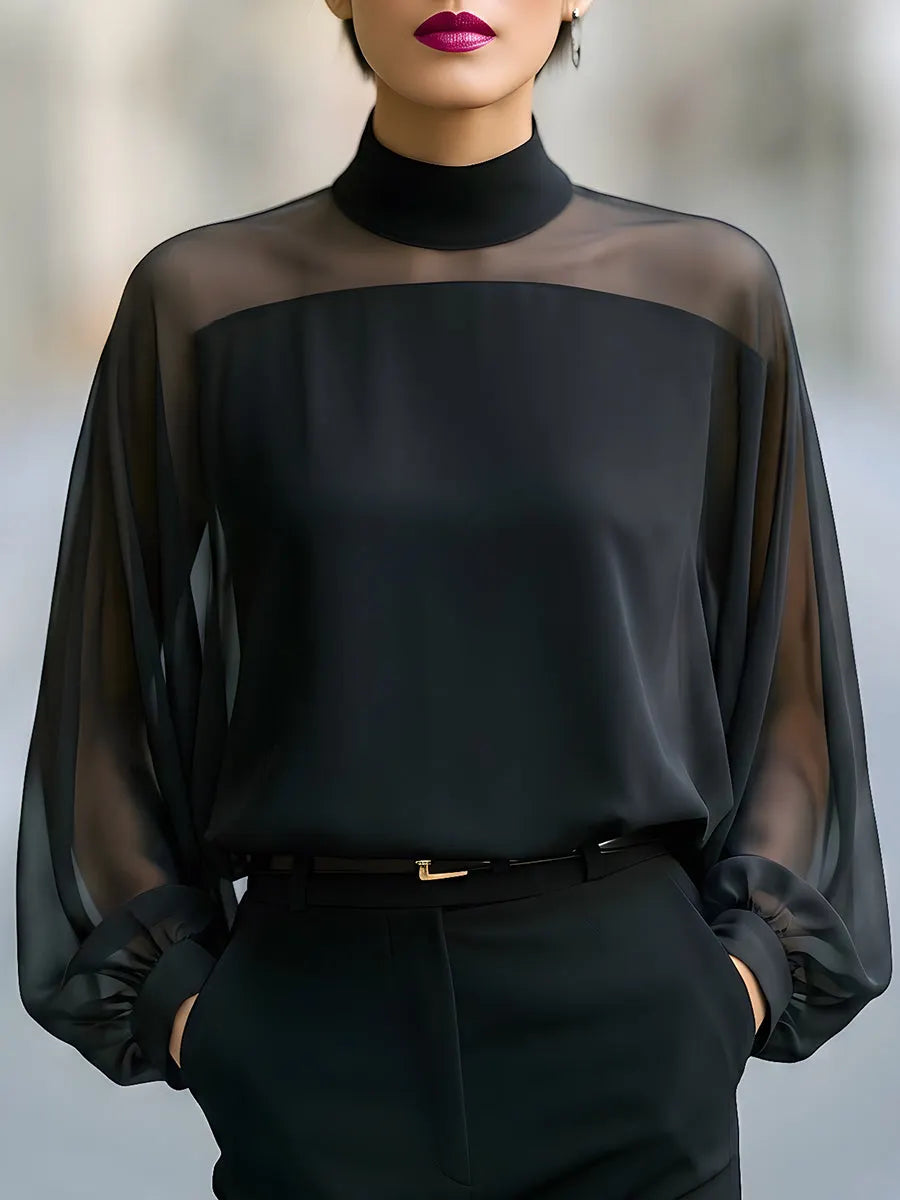 Sheer Yoke High-Neck Bishop Sleeve Blouse