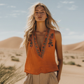 Women's Floral Bohemia Ethnic Style Linen V-neek Sleeveless Top