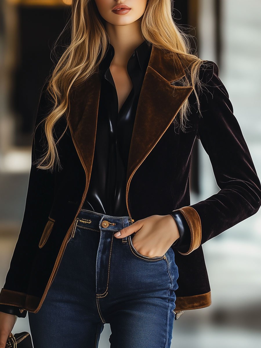 [24-hour shipping out]Casual Loose Vintage Velvet Colorblock Lapel Pocket Blazer