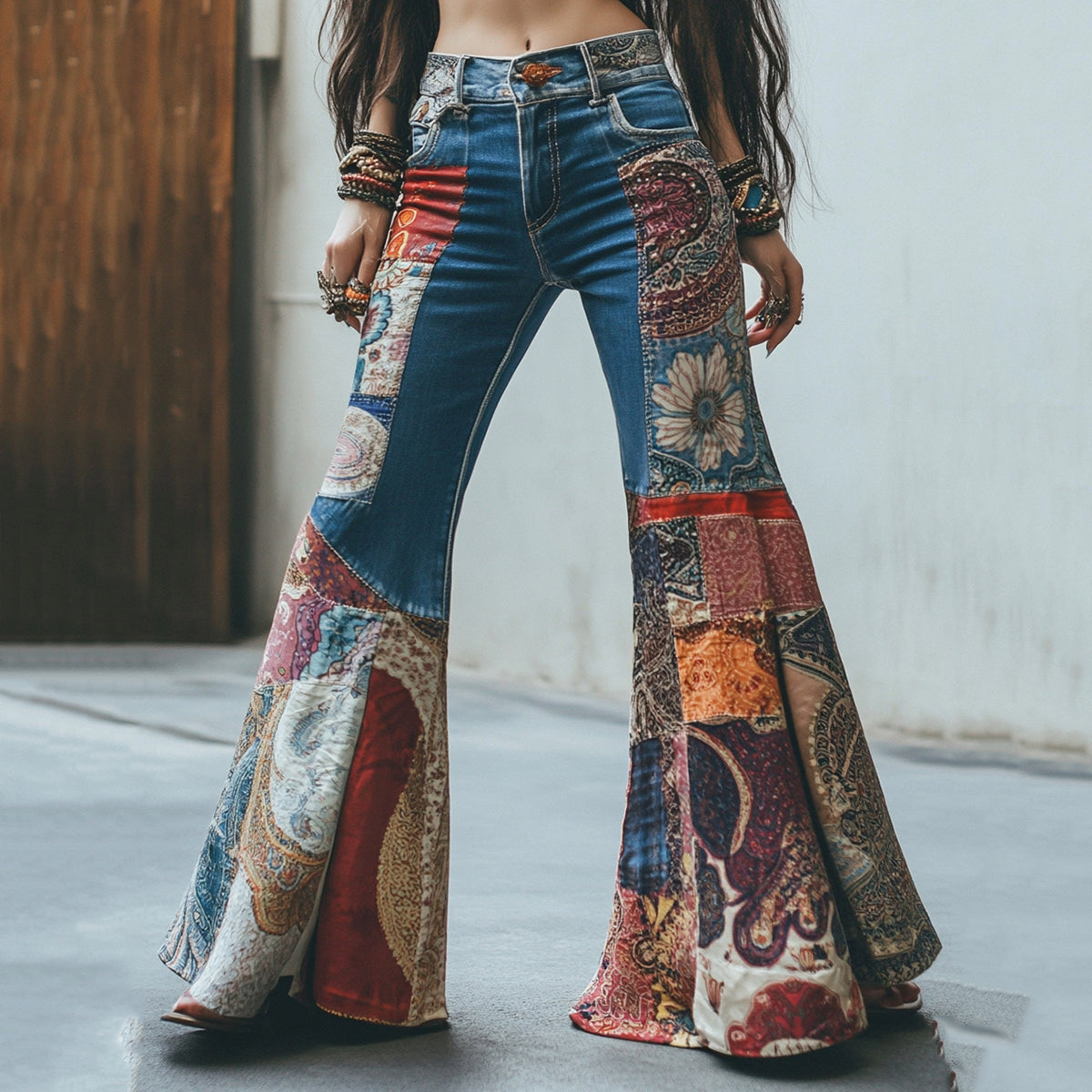 Retro Bohemian Pattern And Paisley Pattern Patchwork Flared Jeans