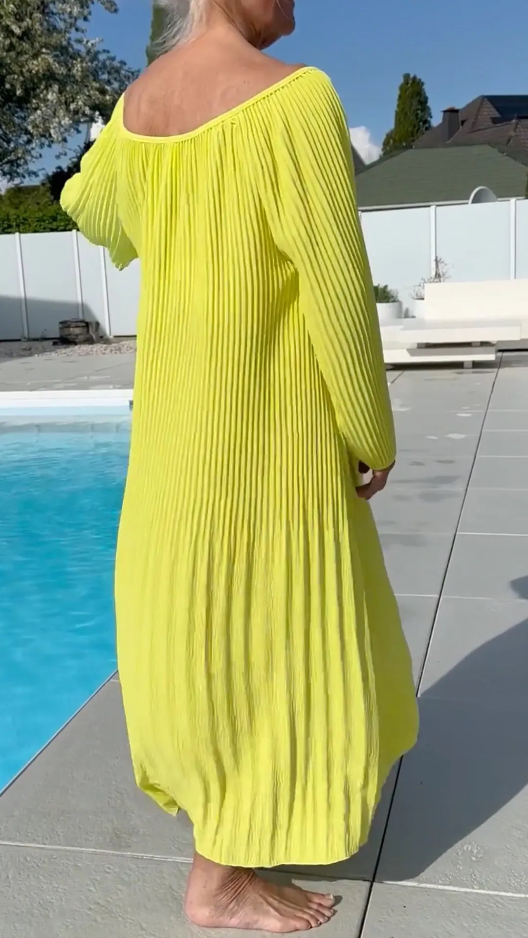 Bright Yellow Pleated Off‑Shoulder Midi Dress