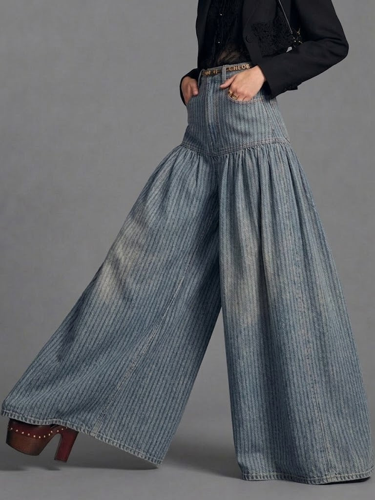 Retro Striped Print Wide-leg Jeans