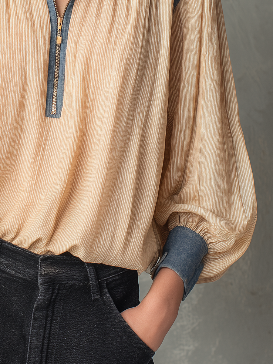Relaxed Cream Blue Colorblock Half-Zip Blouse