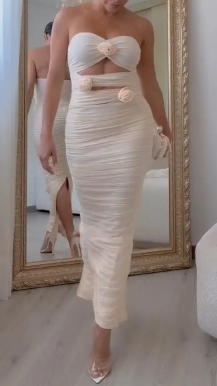 Women's Strapless Ruched Flower Slit Maxi Dress