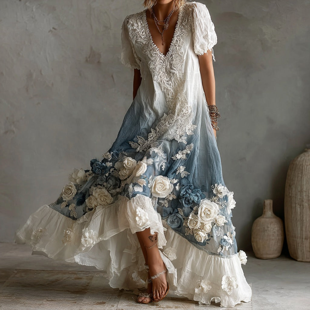 Women's Retro White Rose Embroidery Pattern Gradient Short Sleeve Dress