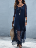 Elegant Sheer Overlay Long Sleeve Maxi Dress In Midnight Blue