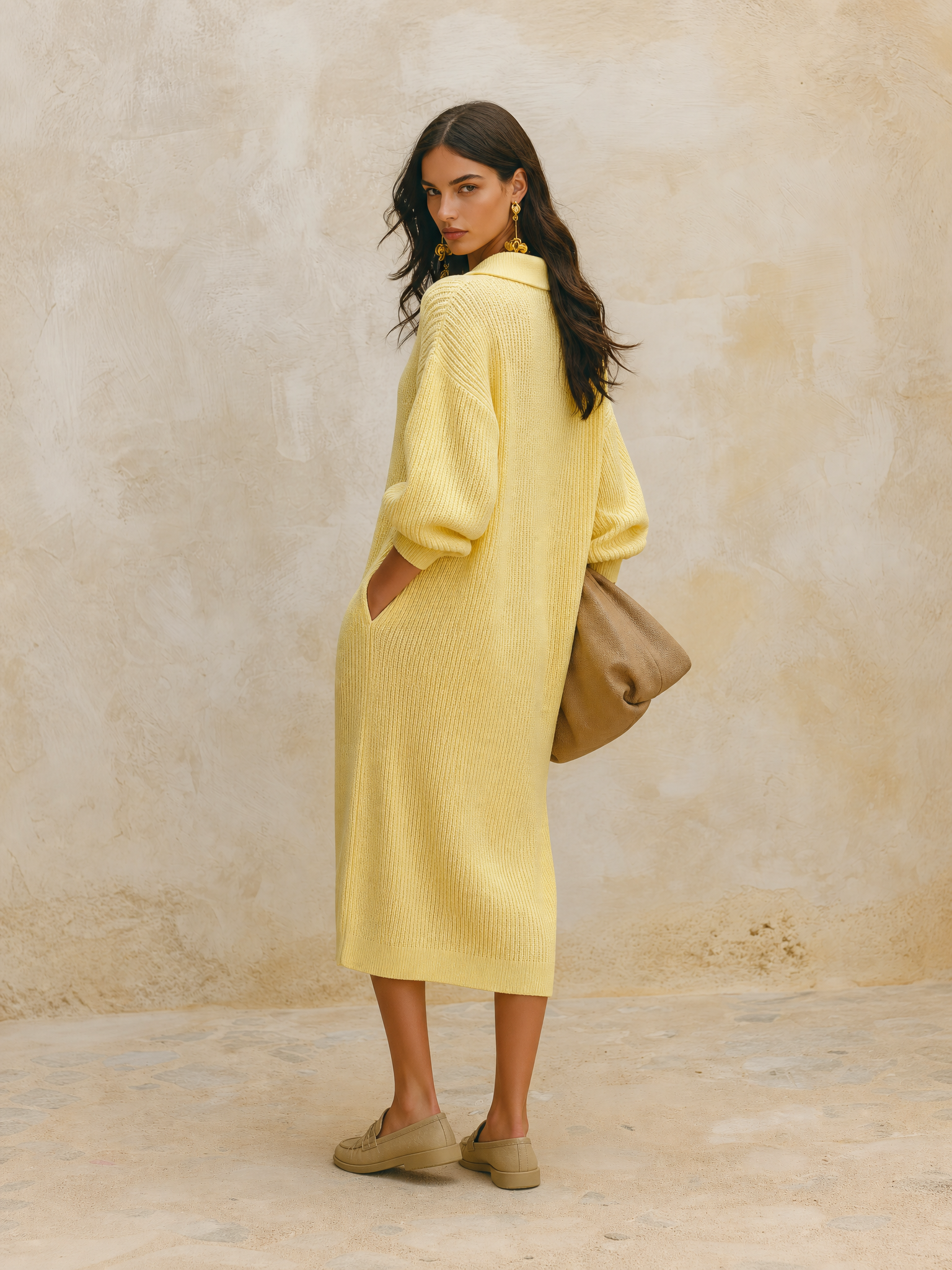 Women's Oversized Ribbed Knit Polo Collar Sweater Dress Long Sleeve Midi Dress