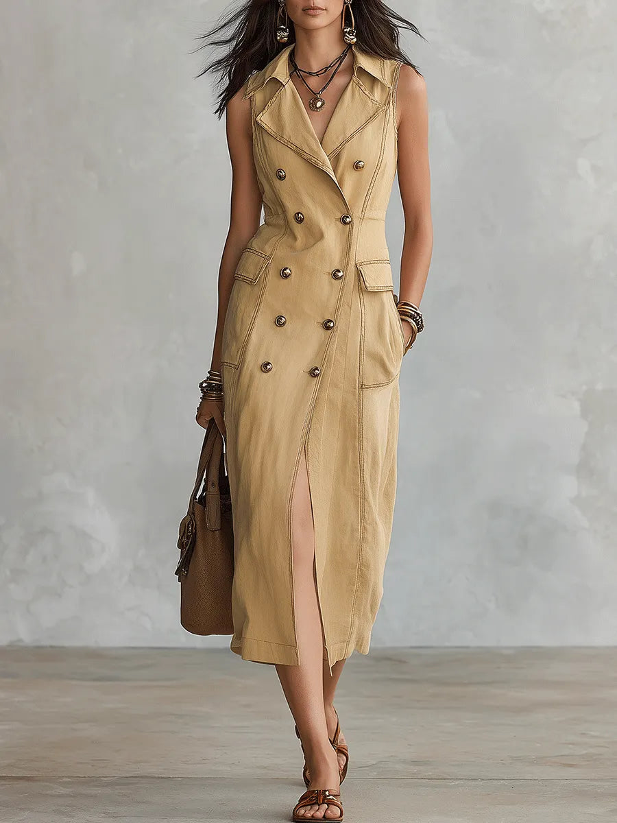 Effortless Tailored Linen Double-Breasted Front-Slit Khaki Maxi Dress