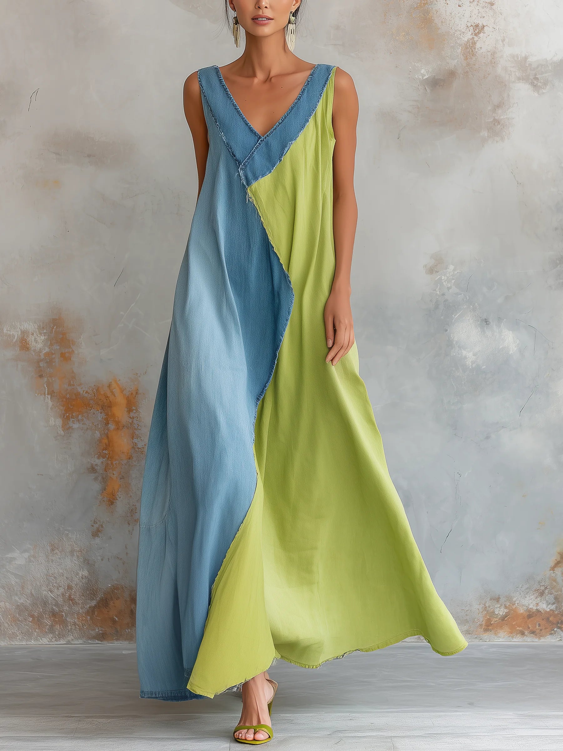 Women's Asymmetrical Color-block Sleeveless Maxi Dress