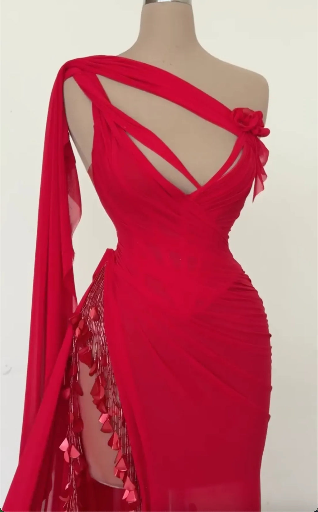 Red One Shoulder Floral Drape Evening Maxi Dress - Heart Tassel High Slit Chiffon Mermaid Train Formal Gown