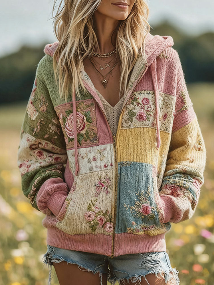 Women's Vintage Floral Patchwork Cozy Knit Hooded Zipper Sweater