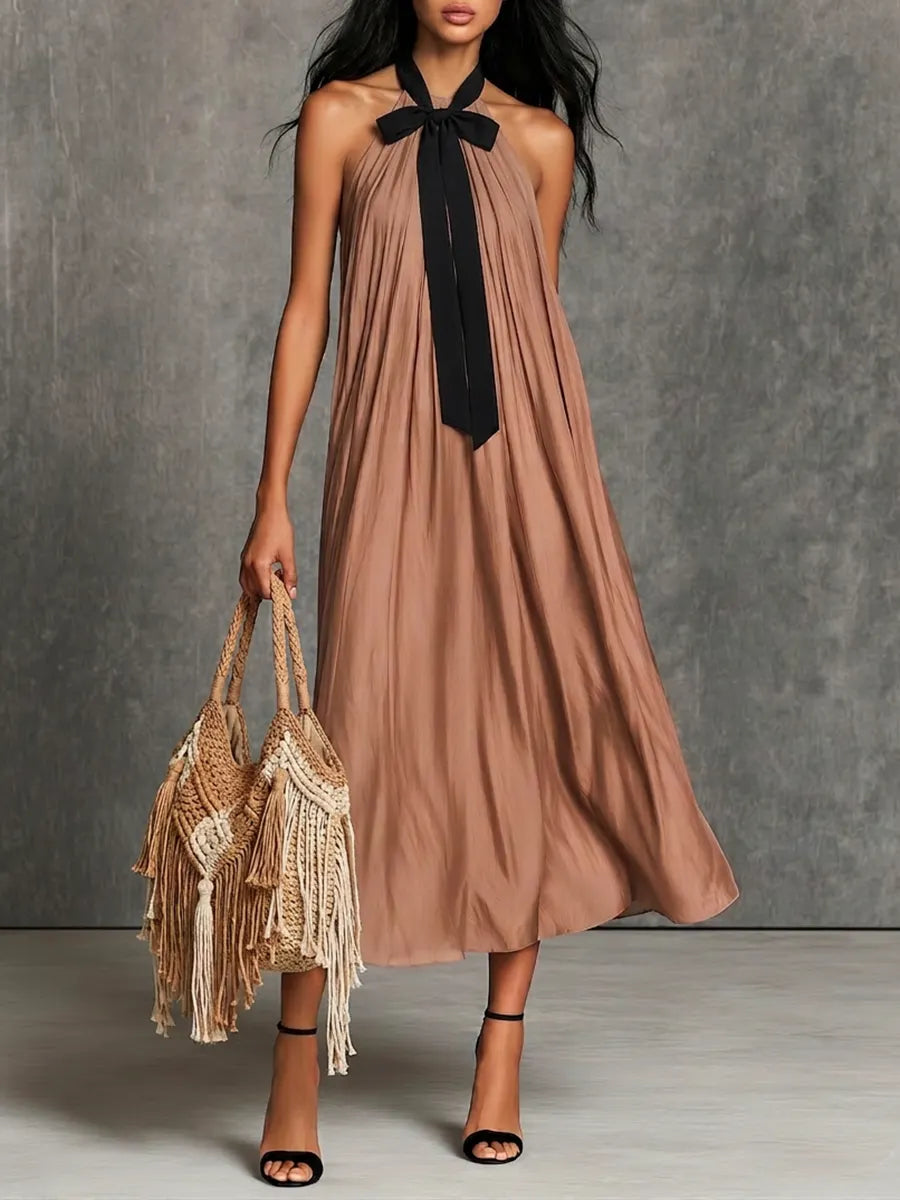 Elegant Flowy A-Line  Muted Beige Crinkled Fabric Maxi Dress