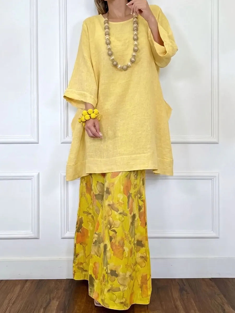 Split-side Solid Color Three-quarter Sleeves Loose Round-neck Blouses&shirts Tops