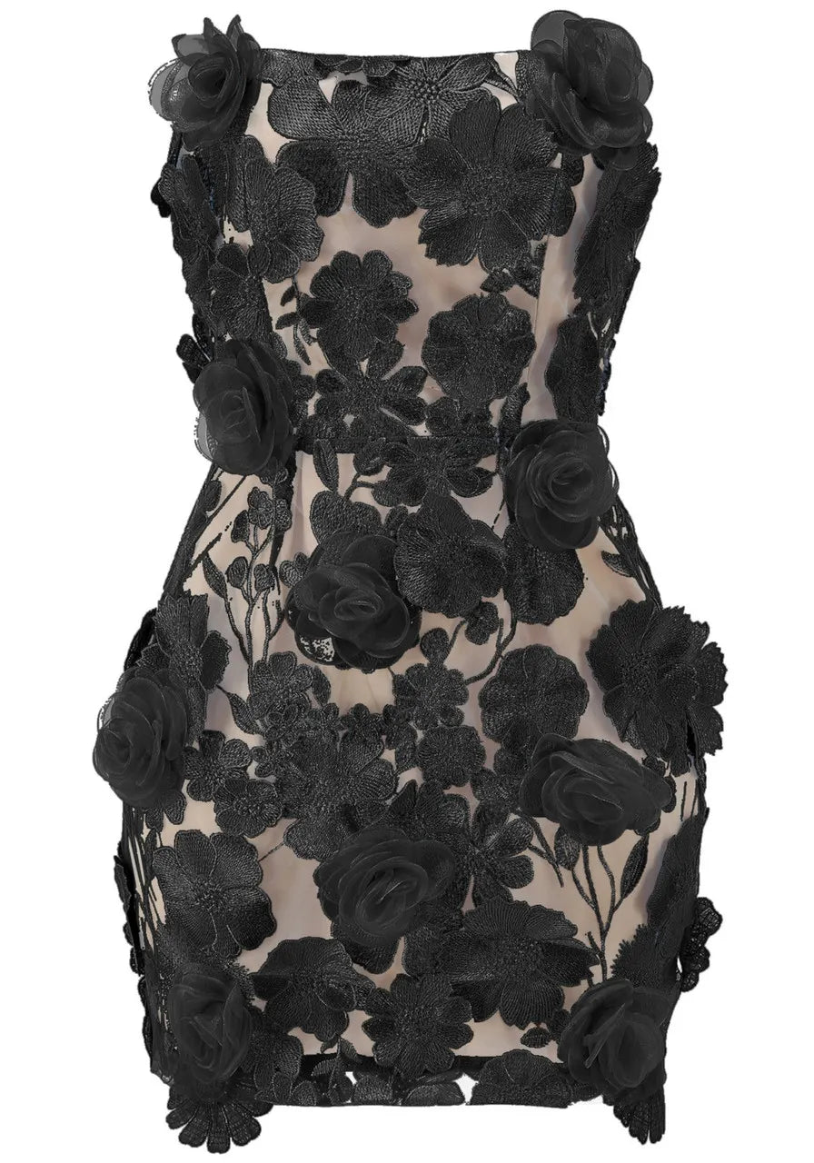 Strapless Embroidered Floral Corset Dress Black