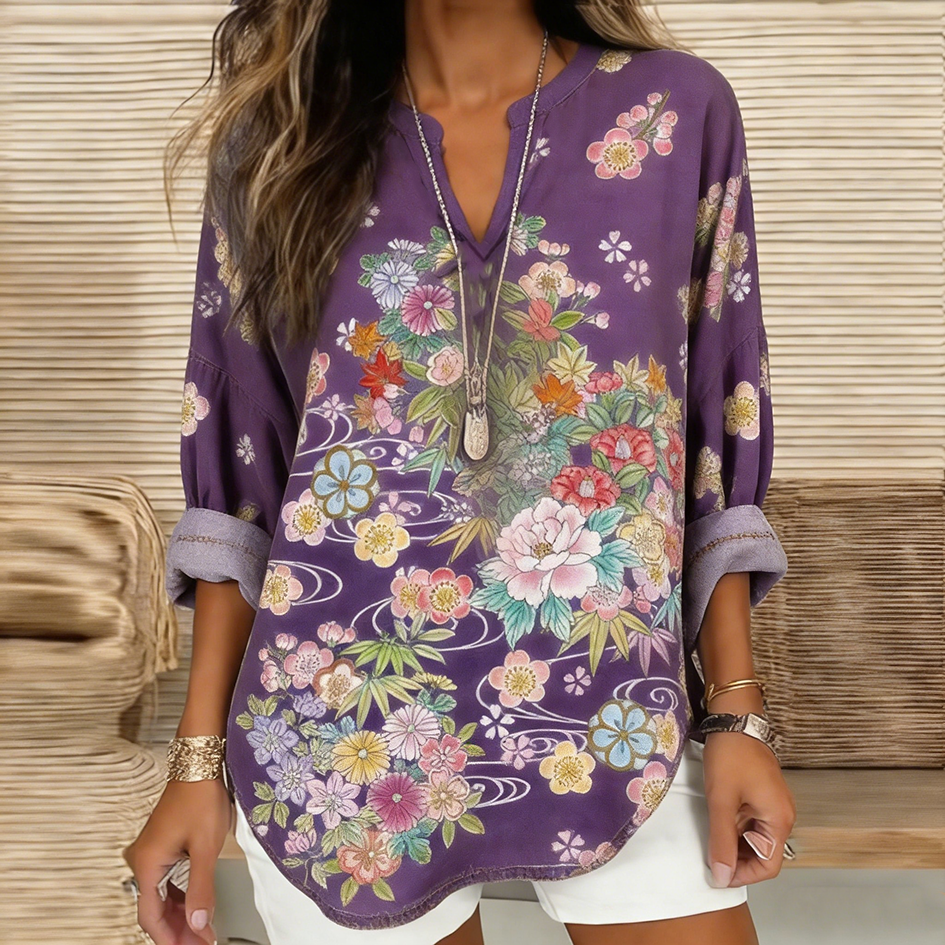 Japanese Art Retro Plant Flower Printed Women's Top
