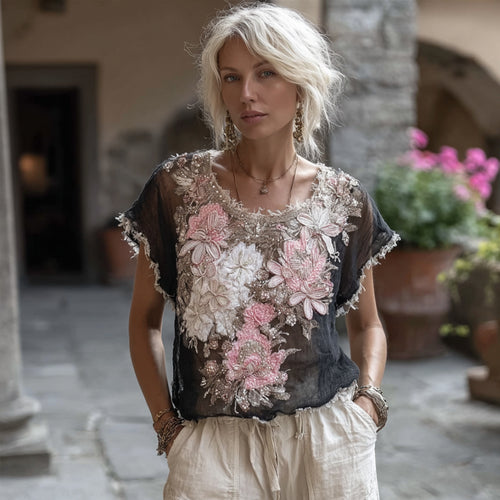 Bohème Style Embroidered Rose Gradient Tie-dye Short-sleeved Round-neck Top
