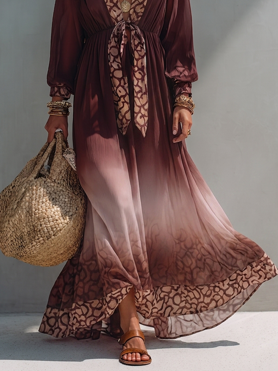 Resort Wine Red Printed Trim Flowy Kaftan Maxi Dress