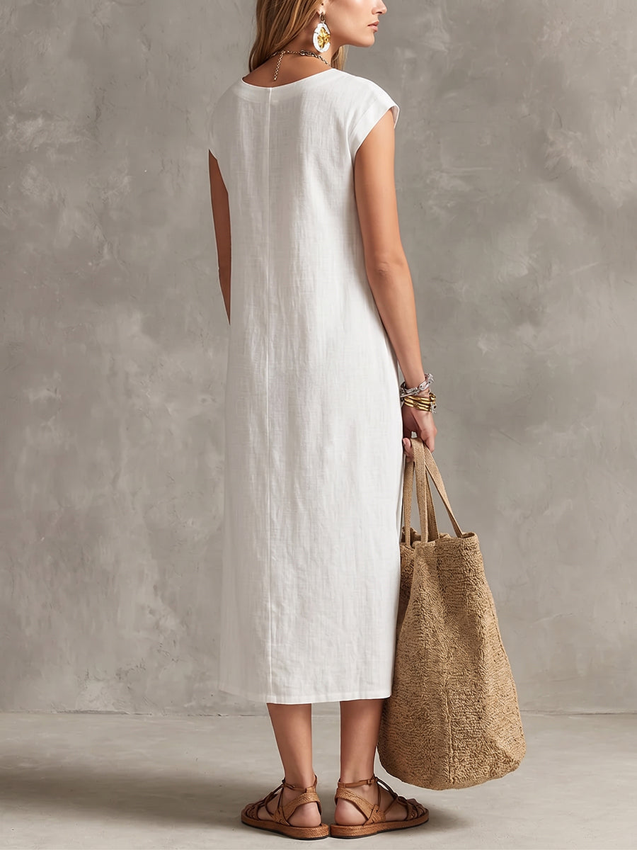 Minimalist V-neck Button-front Cotton-linen Midi Dress