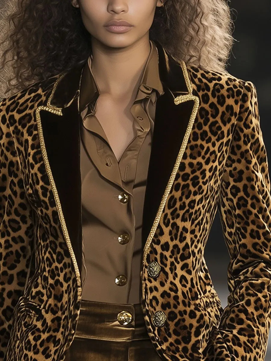 [24-hour shipping out]Casual Fashion Velvet Leopard Print Contrast Lapel Gold Edge Blazer