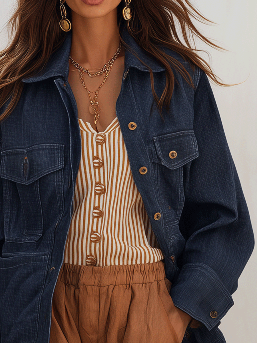 Women's Oversized Denim Shirt With Chest Pockets Jacket