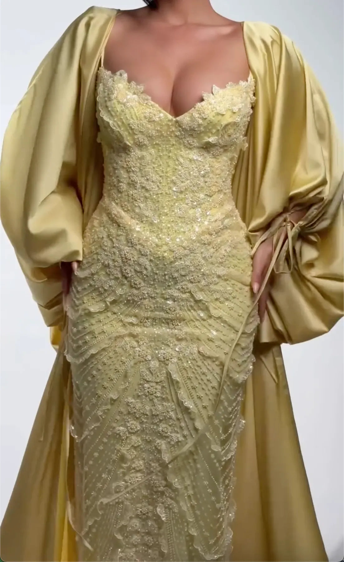 Pale Yellow Spaghetti Strap Beaded Lace Mermaid Maxi Gown