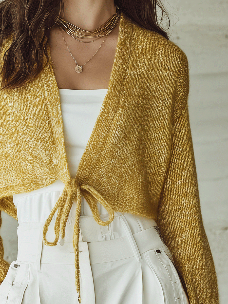Effortless Chic Soft-Knit Cropped Drop-Shoulder Ginger Yellow Cardigan