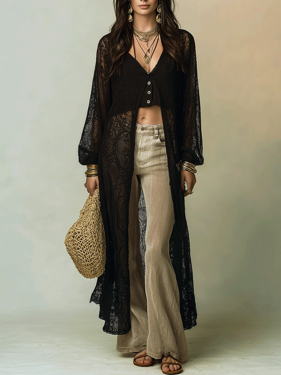 Effortless Coastal Elegance Open-Knit Black Maxi Cover-Up