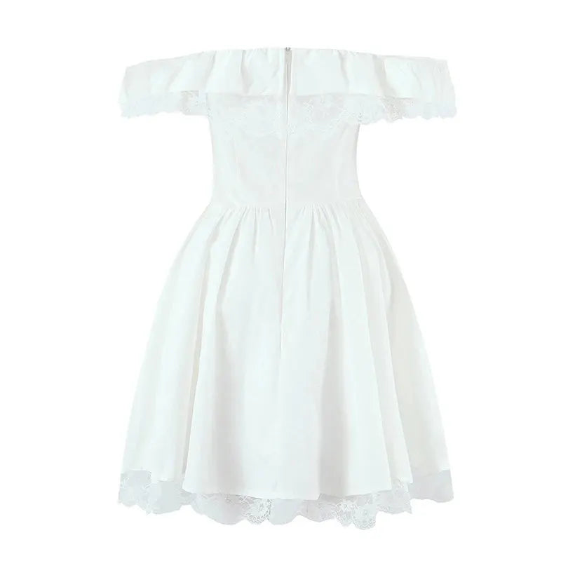 Evienne Off-Shoulder Corset Mini Dress – White Ruffle Bow Summer Dress for Garden Parties and Holiday Looks