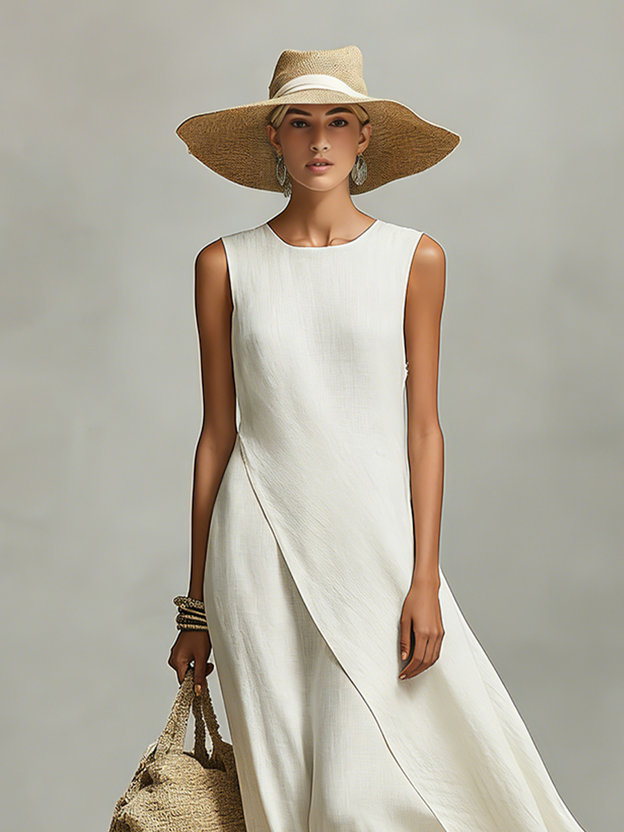 Women's Ivory Breathable Linen Dress With Sleeveless Detail & Asymmetric Hem, Contemporary Casual-Feminine Style Dress