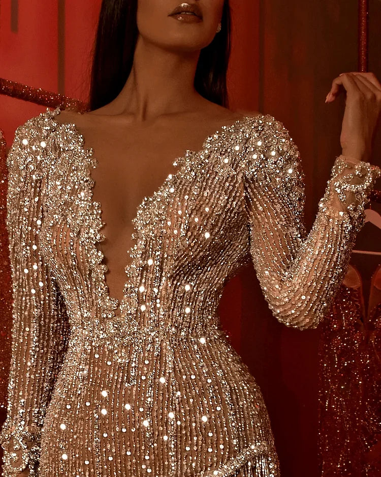 side slit fringe sequin dress