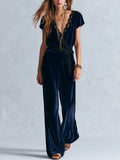 Bohemian Navy Blue Lace Trimmed Jumpsuit